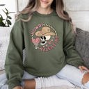 Large Military Green Howdy Valentine Skeleton Cowboy Western Country Festive Romance Graphic Sweatshirt