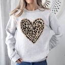 Medium Ash Light Gray Leopard Print Heart Valentine's Day Cozy Warm Plush Fleece Premium Cotton Blend Soft Touch Graphic Sweatshirt
