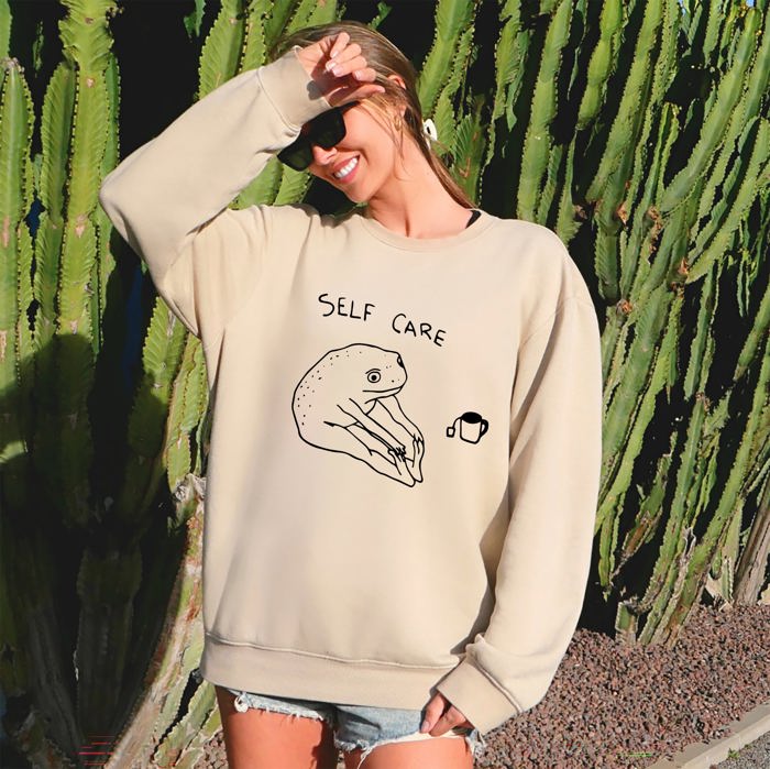 Self Care Frog Positivity Kindness Mental Health Mindful Living Motto Graphic Sweatshirt