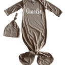 Newborn Light Heather Brown Personalized Knotted Gown with Lush Font  Matching Knotted Hat