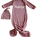 Newborn Dusty Rose Personalized Knotted Gown with Lush Font  Matching Knotted Hat