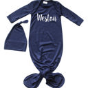 Newborn Navy Personalized Knotted Gown with Lush Font  Matching Knotted Hat