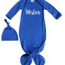 Newborn Royal Blue Personalized Knotted Gown with Lush Font  Matching Knotted Hat