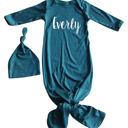 Newborn Midnight Teal Personalized Knotted Gown with Lush Font  Matching Knotted Hat