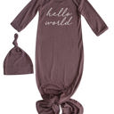 3M Dark Mauve Hello World Silky Knotted Baby Gown with Matching Knotted Hat