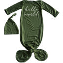 Newborn Olive Hello World Silky Knotted Baby Gown with Matching Knotted Hat