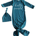 Newborn Midnight Teal Hello World Silky Knotted Baby Gown with Matching Knotted Hat