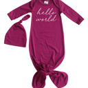 Newborn Wine Hello World Silky Knotted Baby Gown with Matching Knotted Hat