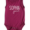 18M Wine First  Middle Name Personalized (Modern Cursive) Sleeveless Bodysuit