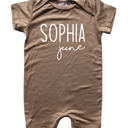6M Light Heather Brown First  Middle Name Personalized (Modern Cursive) Shorts Romper