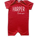 18M Red First  Middle Name Personalized (Modern Cursive) Shorts Romper
