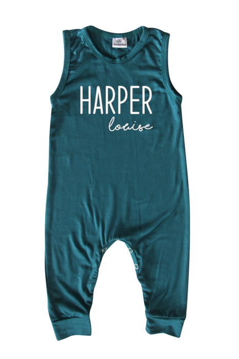 First  Middle Name Personalized (Modern Cursive) Custom Silky Sleeveless Baby Romper for Boys and Girls