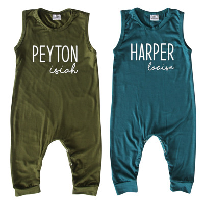 First  Middle Name Personalized (Modern Cursive) Custom Silky Sleeveless Baby Romper for Boys and Girls