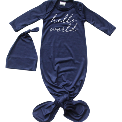 Hello World Silky Knotted Baby Gown with Matching Knotted Hat
