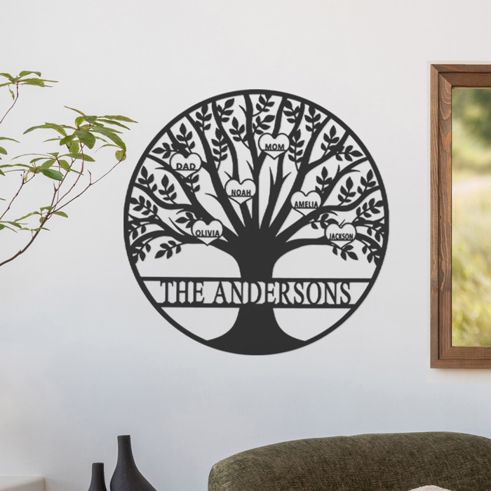 Tree of Life Personalized Family Tree Metal Sign with Hearts – Custom Name & Date – Large Laser Cut Steel Wall Art