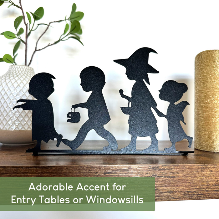 Kids Trick or Treat Silhouette – 9" Wide Halloween Tabletop Metal Decoration – Vampire, Witch, Fairy & Zombie – Bendable Stand