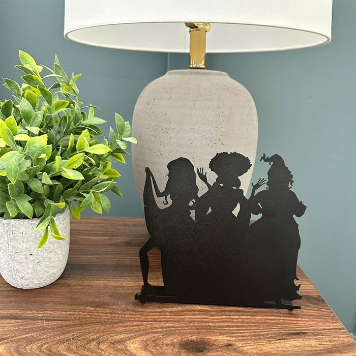 Three Salem Sisters Tabletop Silhouette | Halloween Witch Trio Outline Décor | 9" Metal Standing Sign with Bendable Tab