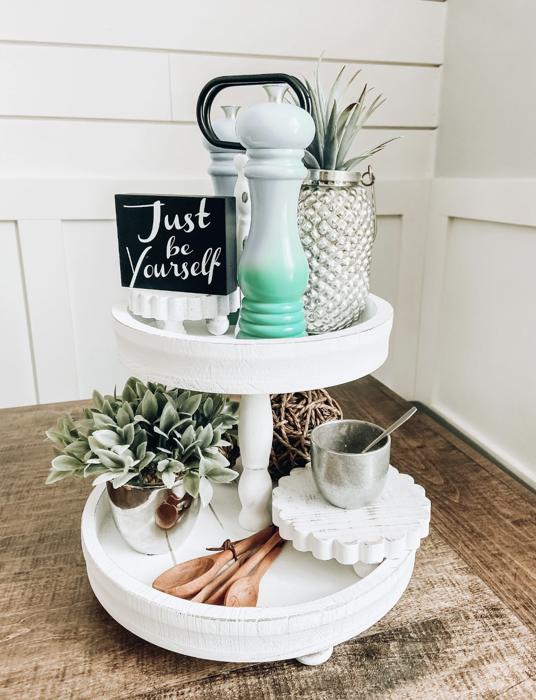 White Two-Tiered Wood Tray – Farmhouse Decor Charm Centerpiece