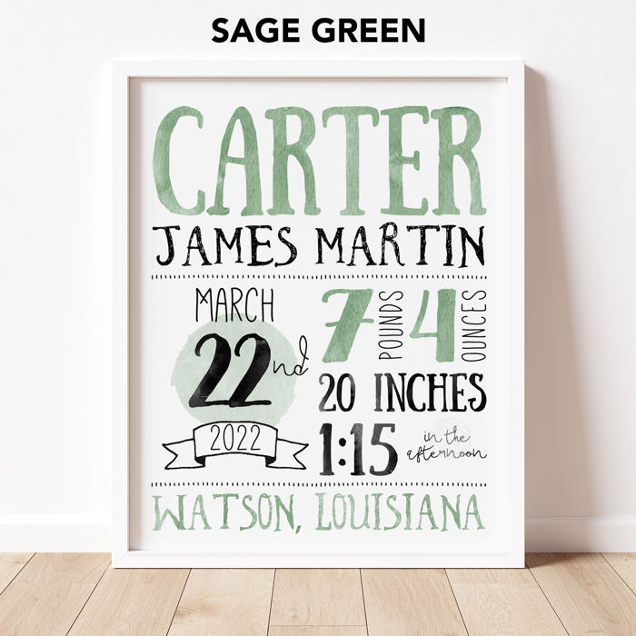 Birth Stats Art Print | 10 Colors | 8x10| Personalized Gift | Free Shipping