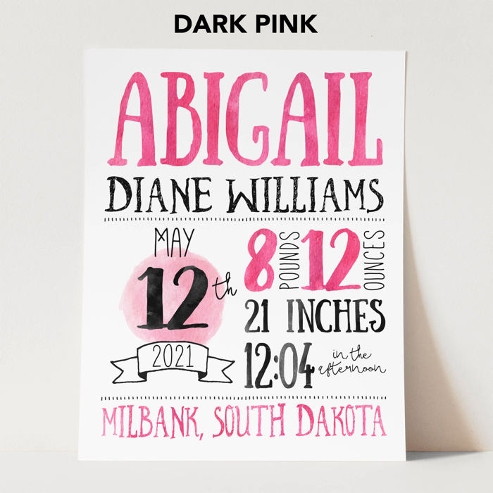 Birth Stats Art Print | 10 Colors | 8x10| Personalized Gift | Free Shipping