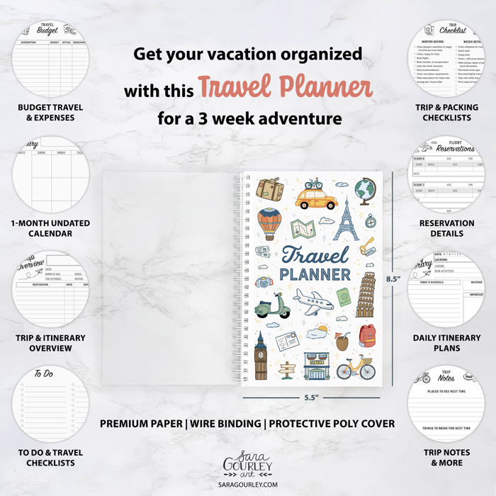 Travel Planner | Travel Journal | Vacation Planner, Hand-Drawn 21 Day Organizer | Free Shipping