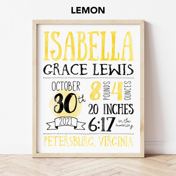 Birth Stats Art Print | 10 Colors | 8x10| Personalized Gift | Free Shipping