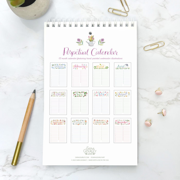 Watercolor Perpetual Calendar | Botanical Birthday Calendar | Hand Painted Illustrations  | Free Shipping