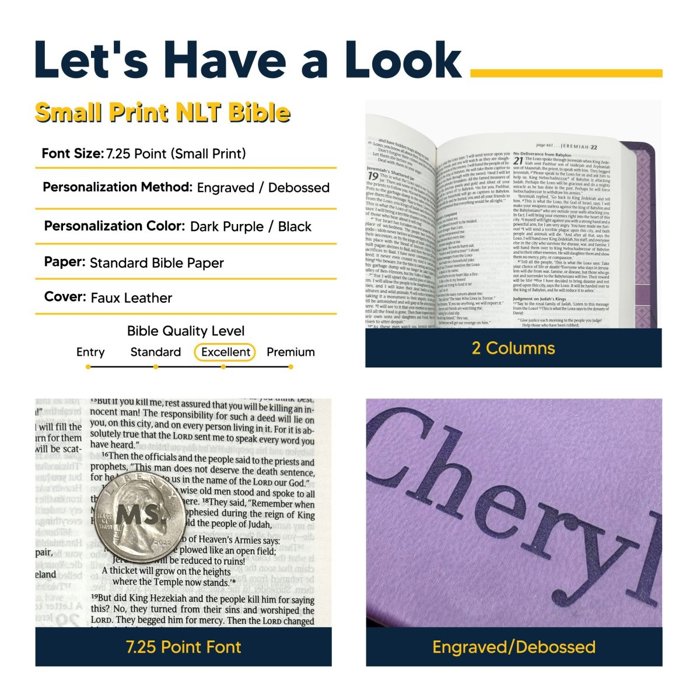 Custom NLT Dark Purple Standard Size Personalized Holy Bible Small Print | Petal