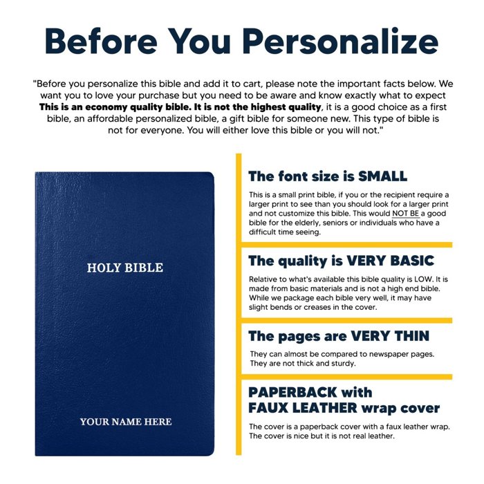 Custom KJV Blue Standard Size Personalized Holy Bible Small Print