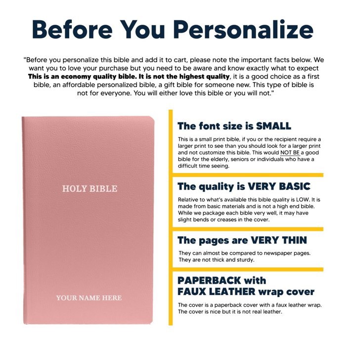Custom KJV Pink Standard Size Personalized Holy Bible Small Print