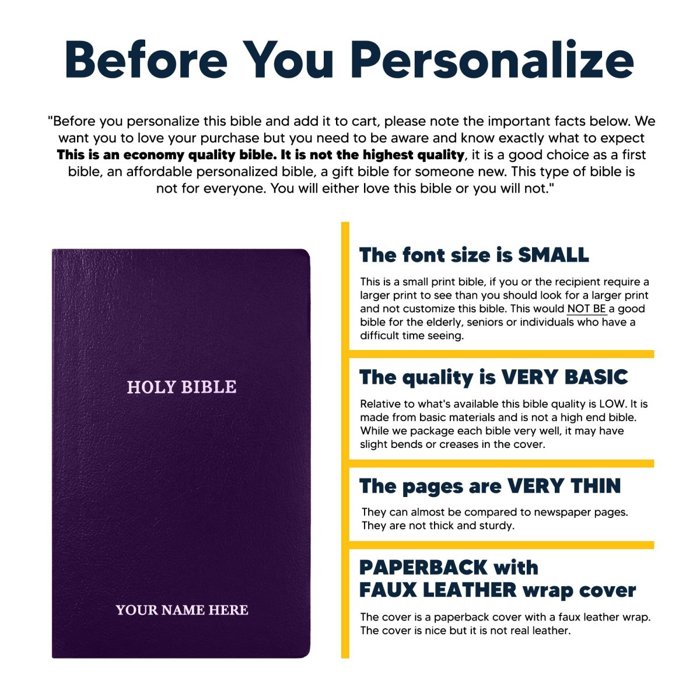 Custom KJV Purple Standard Size Personalized Holy Bible Small Print