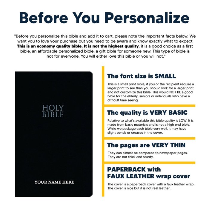 Custom NIV Black Standard Size Personalized Holy Bible Small Print