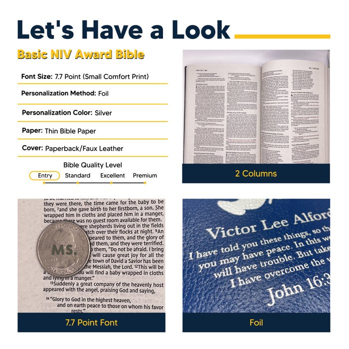 Custom NIV Blue Standard Size Personalized Holy Bible Small Print