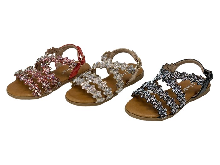 Little Girls Open Toe Sandals With Rhinestone Flower Accents Buckle Up Straps
