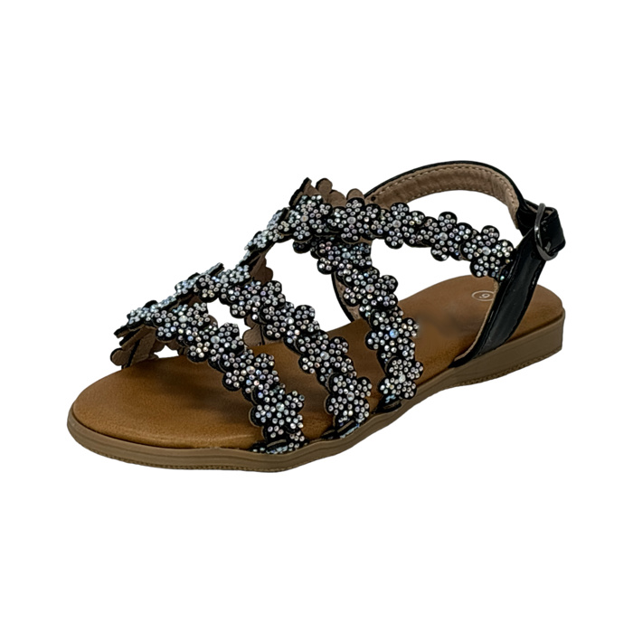 Little Girls Open Toe Sandals With Rhinestone Flower Accents Buckle Up Straps