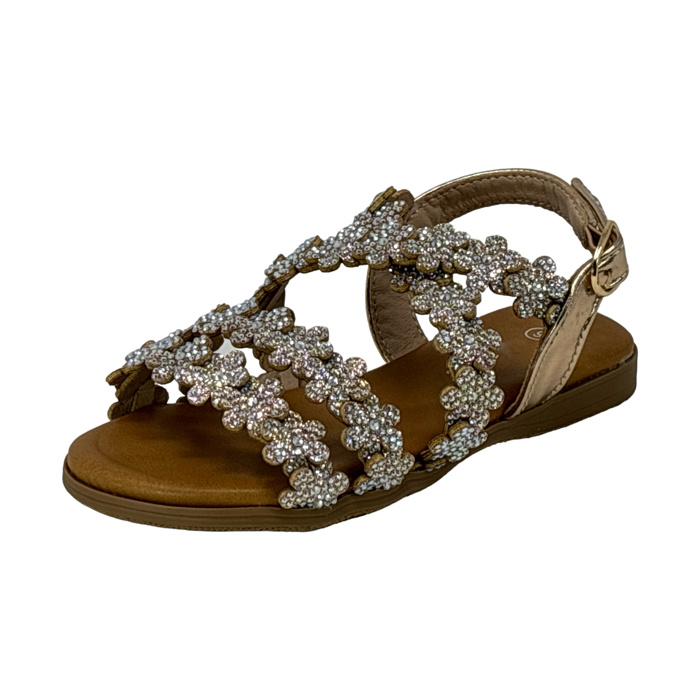 Little Girls Open Toe Sandals With Rhinestone Flower Accents Buckle Up Straps