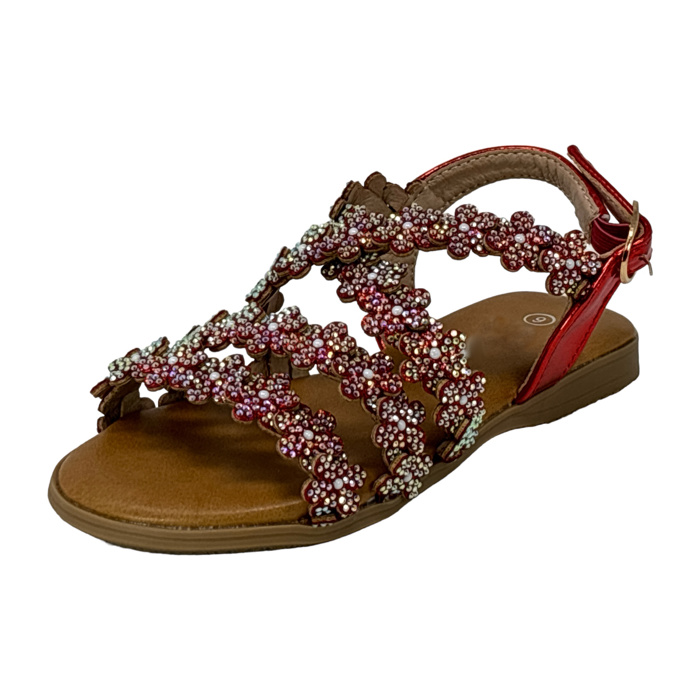 Little Girls Open Toe Sandals With Rhinestone Flower Accents Buckle Up Straps