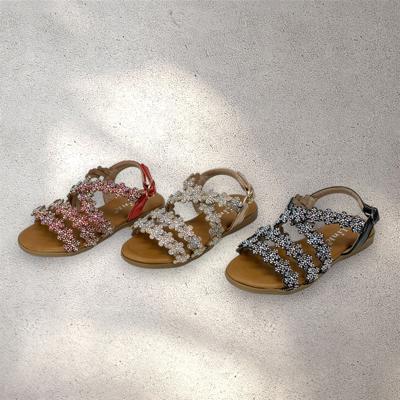 Little Girls Open Toe Sandals With Rhinestone Flower Accents Buckle Up Straps