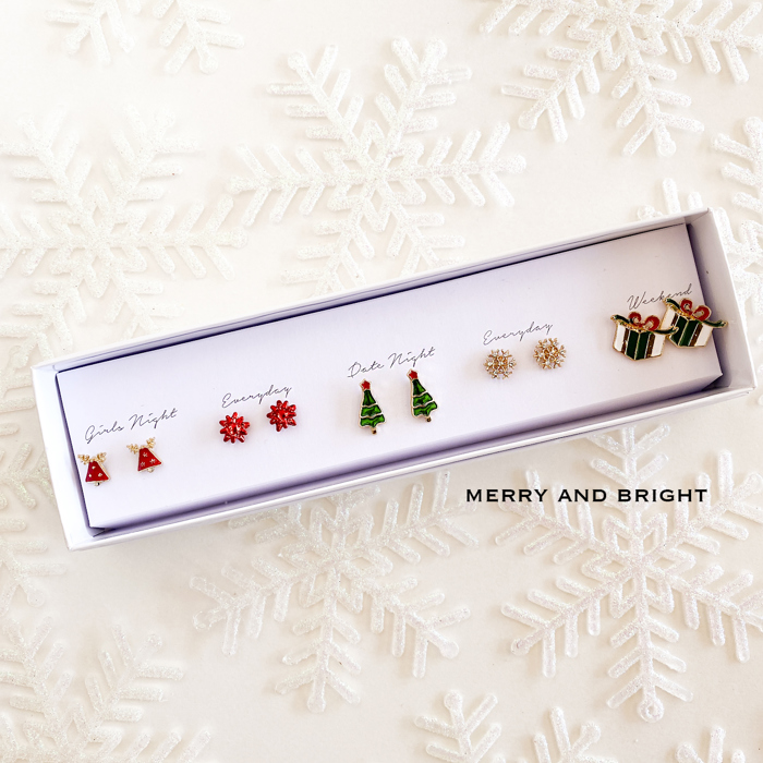 Boxed Christmas Earrings Set | Gift Ready Holiday Stud Sets | Dainty Santa Jewelry | Reindeer Earrings