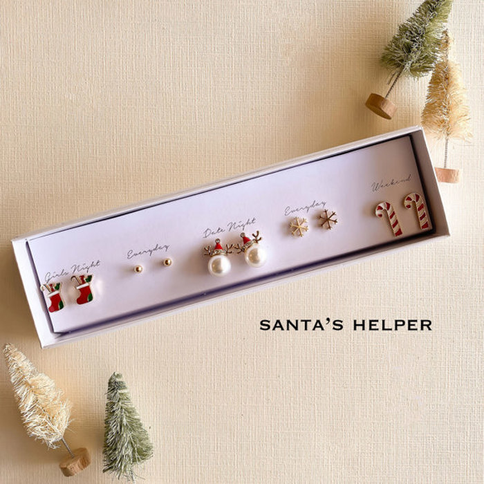 Boxed Christmas Earrings Set | Gift Ready Holiday Stud Sets | Dainty Santa Jewelry | Reindeer Earrings