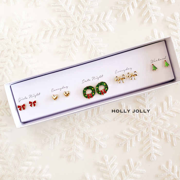 Boxed Christmas Earrings Set | Gift Ready Holiday Stud Sets | Dainty Santa Jewelry | Reindeer Earrings