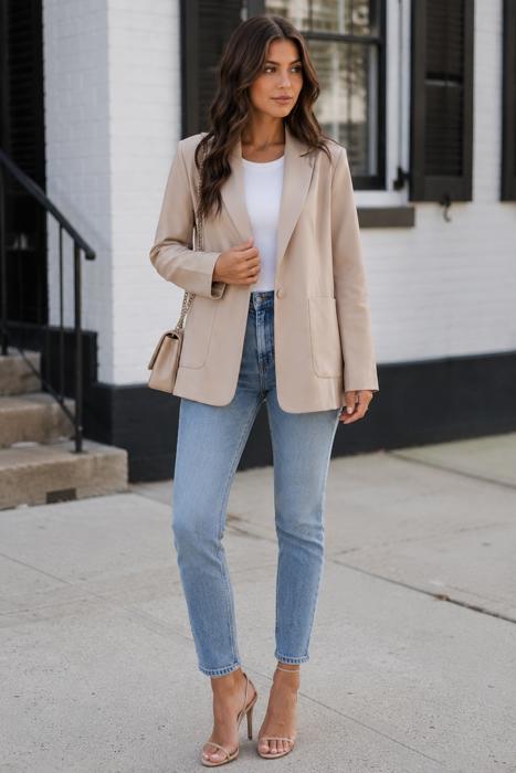 Monet Faux Leather Blazer | Women's Beige Jacket | Fall and Winter Trendy Style | Neutral Fashion | Collared Single-Breasted | Flap Pockets | Long Sleeves