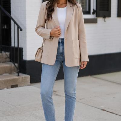 Monet Faux Leather Blazer | Women's Beige Jacket | Fall and Winter Trendy Style | Neutral Fashion | Collared Single-Breasted | Flap Pockets | Long Sleeves