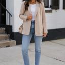  Monet Faux Leather Blazer | Women's Beige Jacket | Fall and Winter Trendy Style | Neutral Fashion | Collared Single-Breasted | Flap Pockets | Long Sleeves