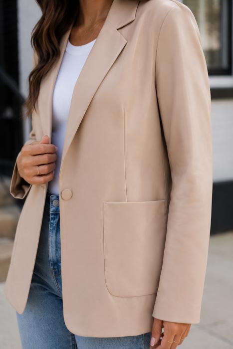 Monet Faux Leather Blazer | Women's Beige Jacket | Fall and Winter Trendy Style | Neutral Fashion | Collared Single-Breasted | Flap Pockets | Long Sleeves