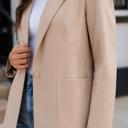  Monet Faux Leather Blazer | Women's Beige Jacket | Fall and Winter Trendy Style | Neutral Fashion | Collared Single-Breasted | Flap Pockets | Long Sleeves