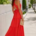  Braelyn Cross Front Halter Maxi Dress | Summer New Arrival | Women's Red Cross-Front Tiered Maxi Dress | Summer Vacation Event Dress | Trendy | Halter Front Cut-Out