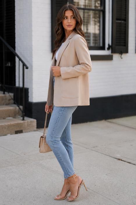Monet Faux Leather Blazer | Women's Beige Jacket | Fall and Winter Trendy Style | Neutral Fashion | Collared Single-Breasted | Flap Pockets | Long Sleeves