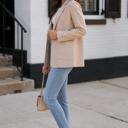  Monet Faux Leather Blazer | Women's Beige Jacket | Fall and Winter Trendy Style | Neutral Fashion | Collared Single-Breasted | Flap Pockets | Long Sleeves