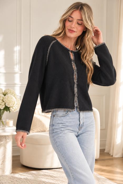 Leia Contrast Blanket Stitch Sweater Cardigan | Women's Black Soft Warm Knit Button-Up Top | Fall and Winter Fashion
